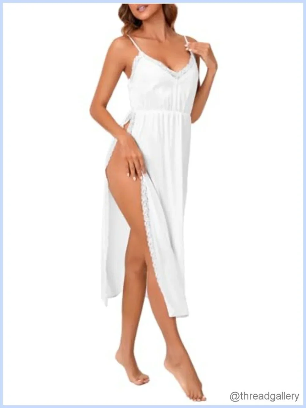 Satin Lace Trim V Neck Spaghetti Strap High Slit Maxi Nightgown Slip Dress